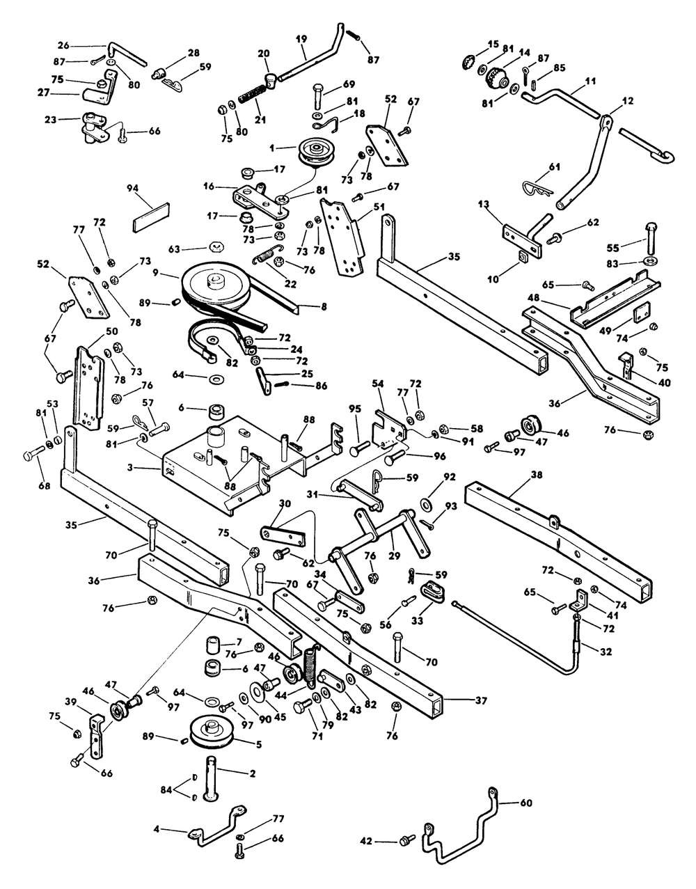 Frame, Drive And Lift 1 Diagram and Parts List for 62542C (H00000001-H99999999)(1989) Lawn Boy Lawn Tractor